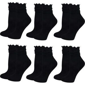 Black Ruffle Socks for Women 6 Pairs Cute Cotton Frilly Knit Casual Crew